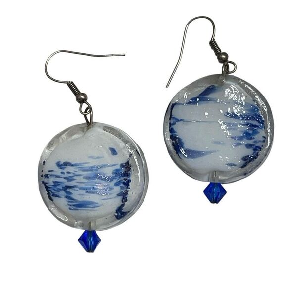 HANDMADE Large Round White/Blue Bead Dangle‎ Earrings - Picture 1 of 4